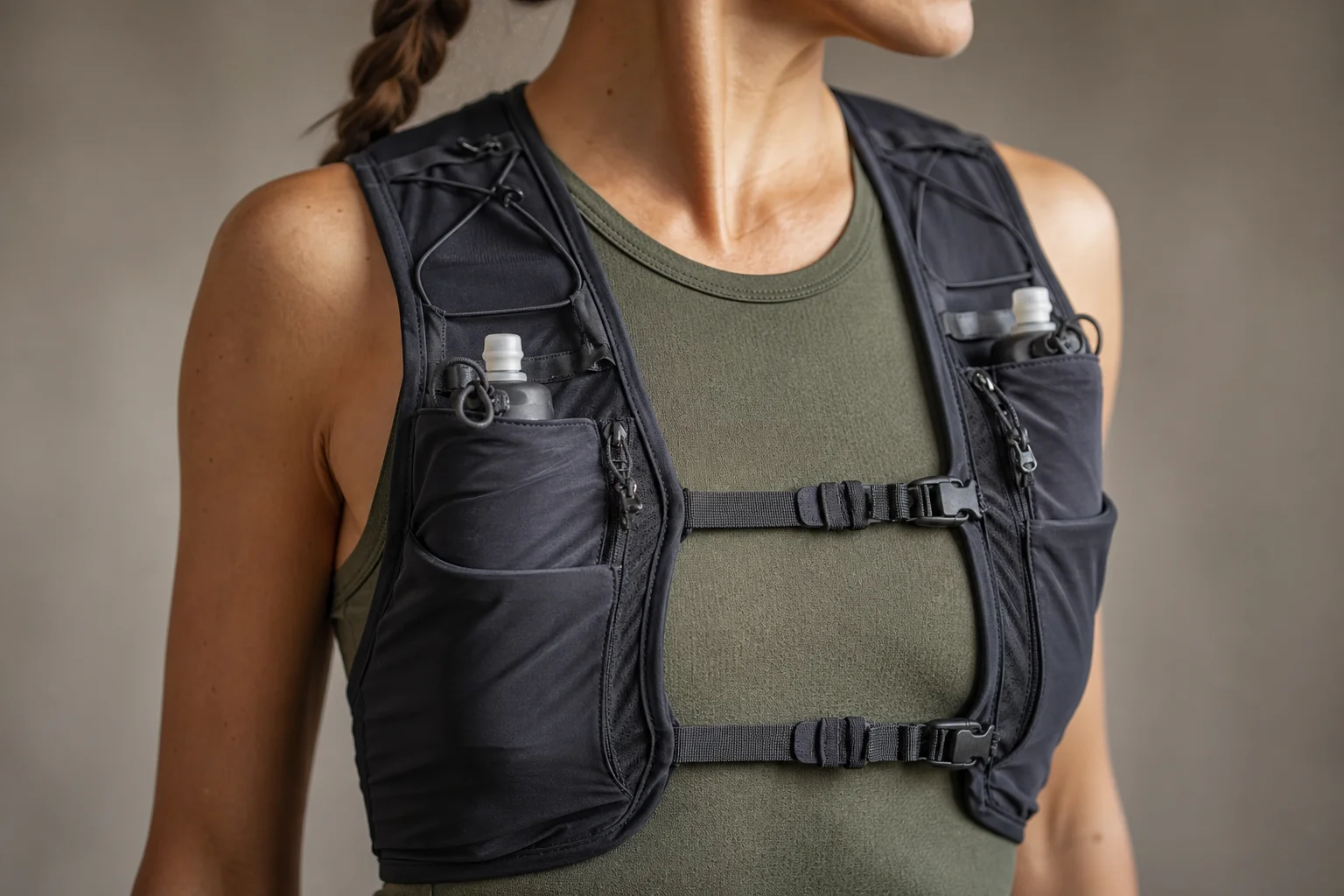 Gros plan sur les détails des poches et des sangles d'un gilet d'hydratation porté par un coureur