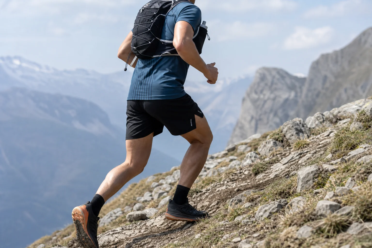 Un coureur gravissant un sentier de montagne escarpé avec un gilet d'hydratation en plein jour