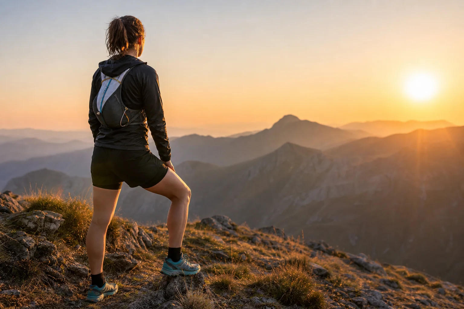 Un traileur sur une crête au coucher du soleil avec des montagnes en arrière-plan