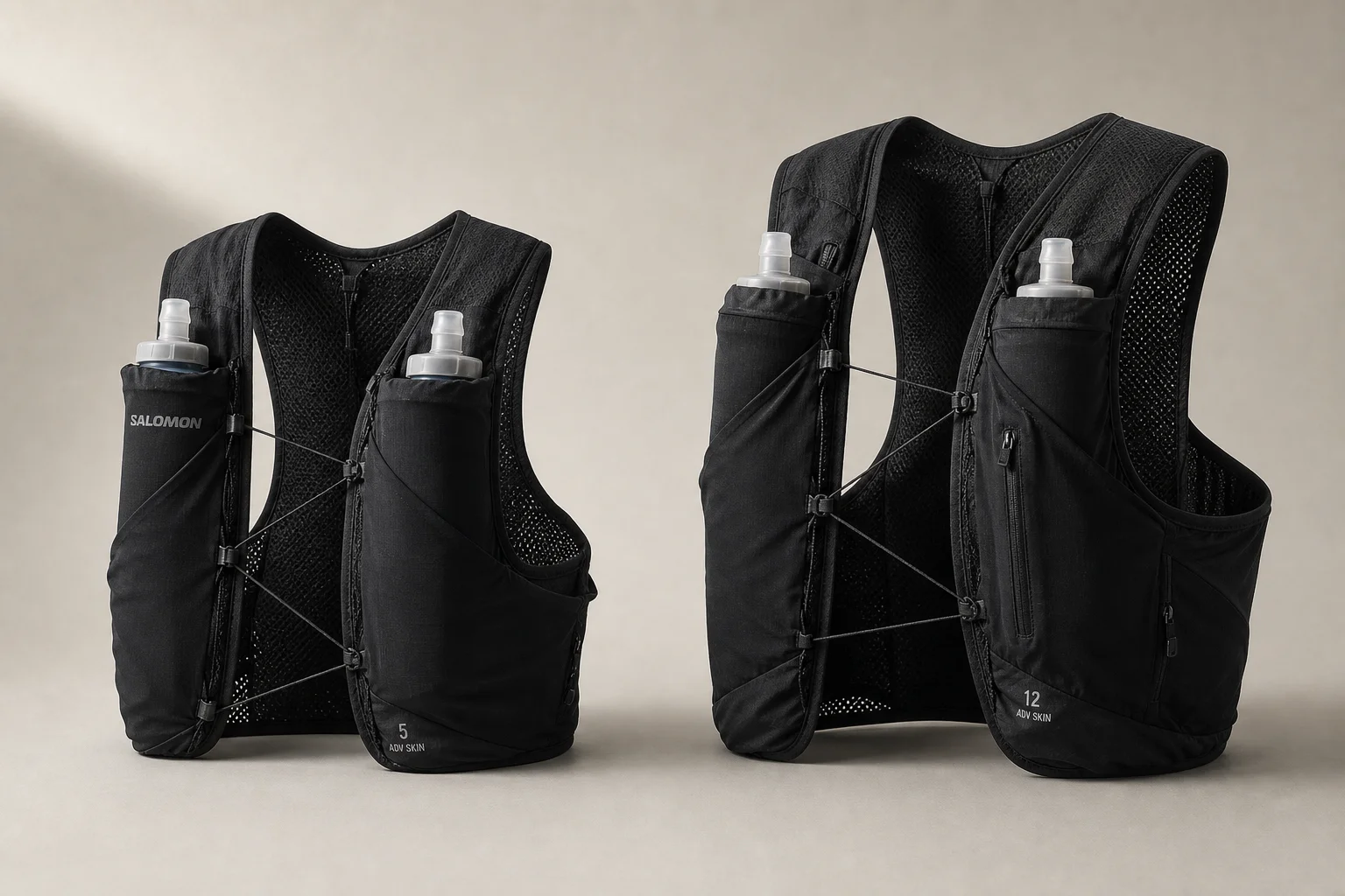 Salomon Advanced Skin 12 and Advanced Skin 5 hydration vests side by side on neutral backdrop