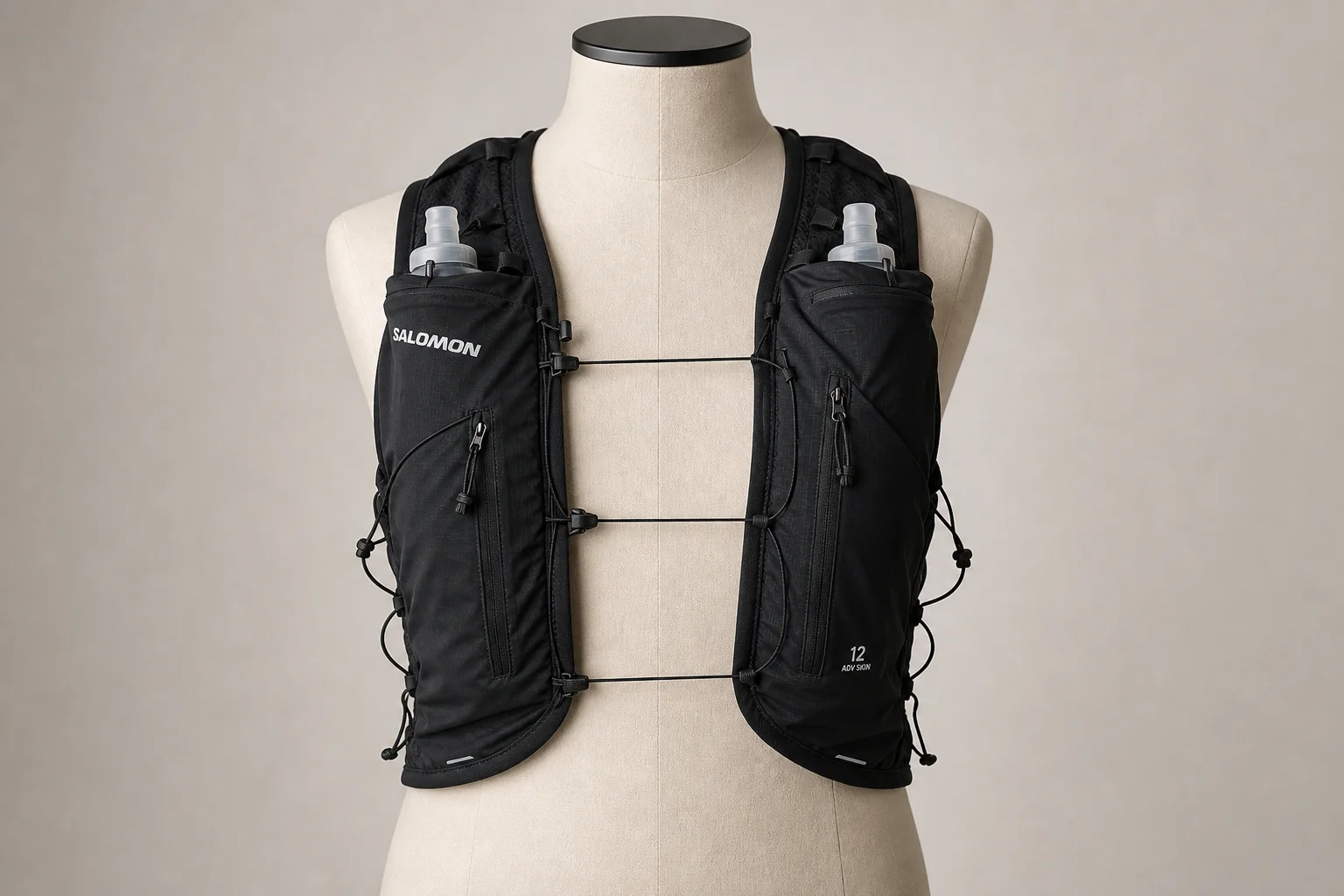 Les gilets d'hydratation Salomon Advanced Skin 12 et Advanced Skin 5 côte à côte sur un fond neutre
