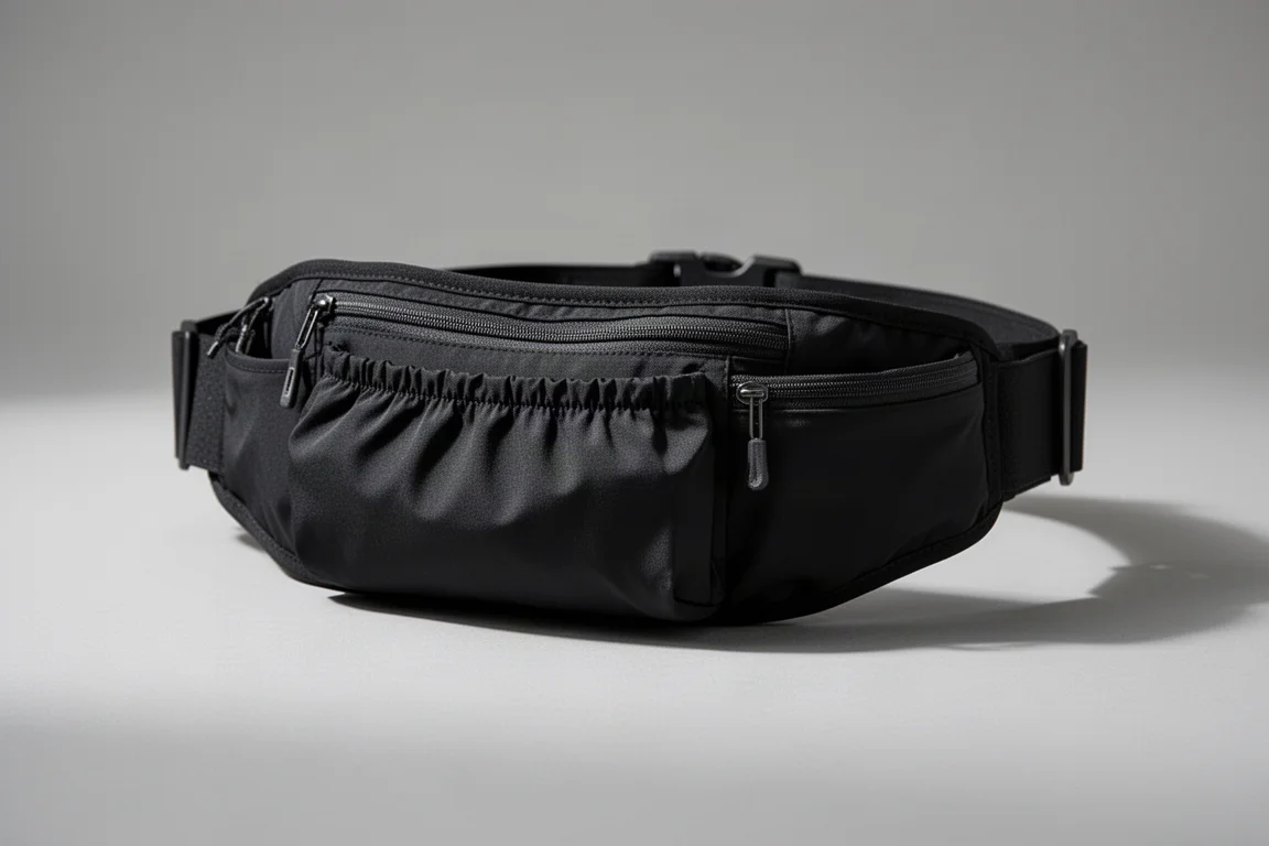 Black stretchy Salomon Advanced Skin running belt on a concrete surface