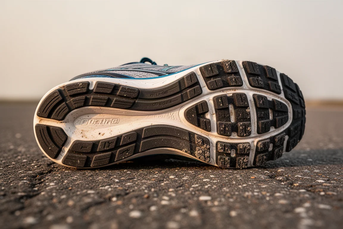 Road running shoe outsole showing wear patterns after high mileage