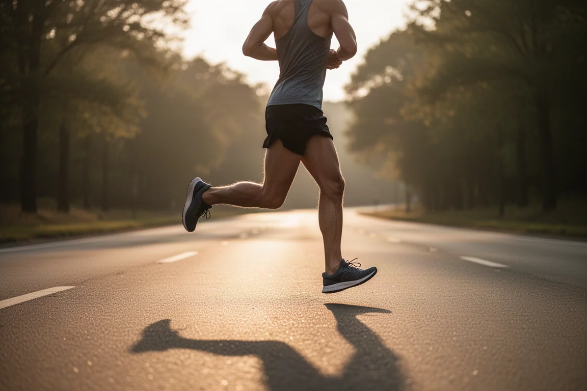 Runner completing relaxed strides on an empty road at golden hour