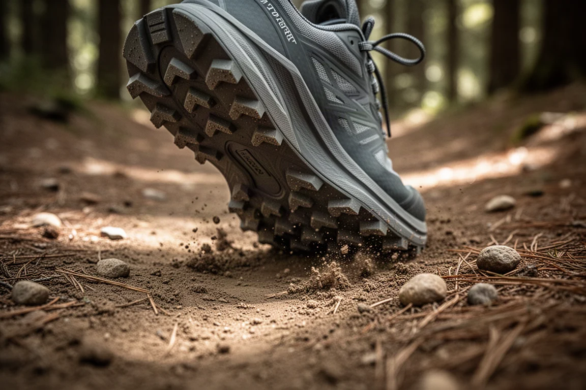 Trail running shoe with lugs gripping a packed dirt path