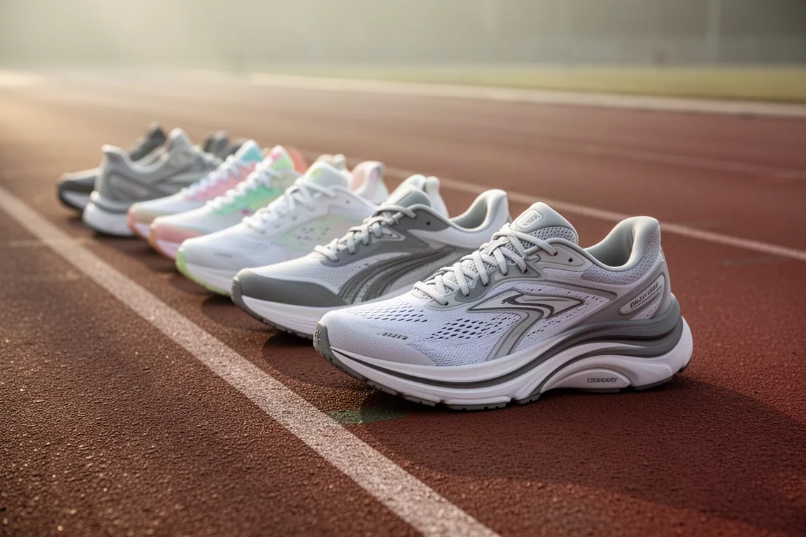 Collection of cushioned daily running trainers arranged on a track edge