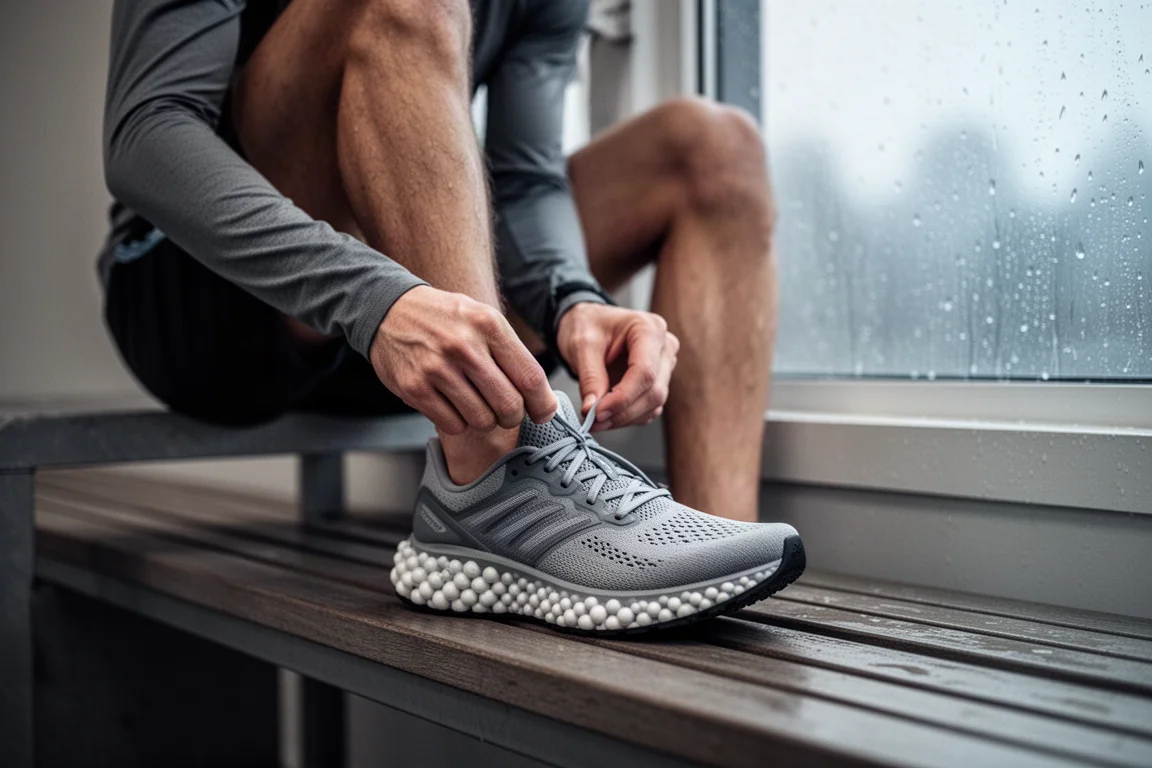 Runner lacing up a lightweight cushioned daily trainer on a wet morning