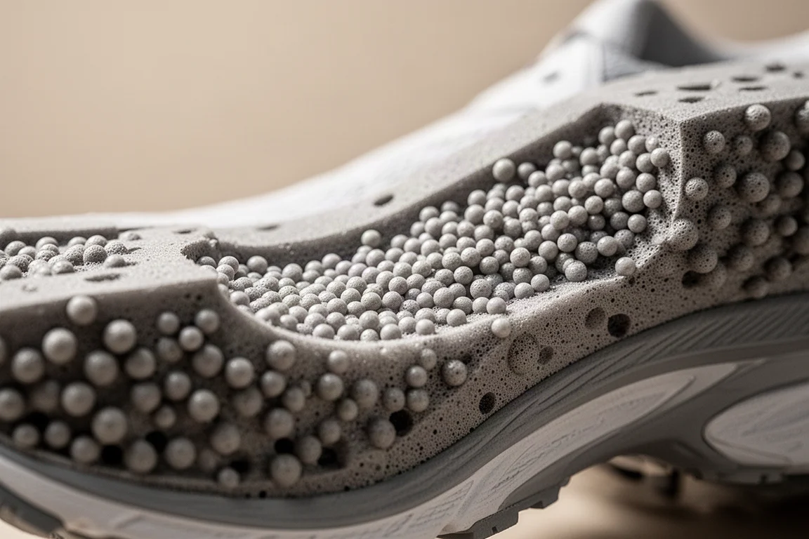 Close-up of beaded TPU foam texture in a running shoe midsole