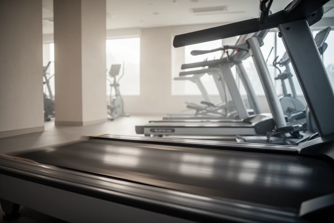 Treadmill belt in motion inside a quiet gym at dawn