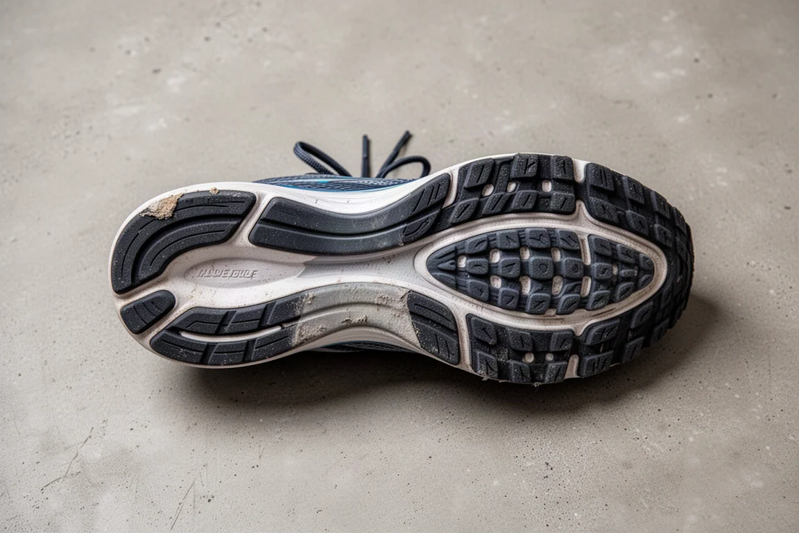 Worn rubber outsole on the lateral heel of a running shoe