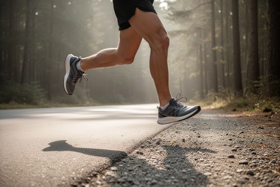 Trail runner moving from a paved road onto a gravel path at the edge of town