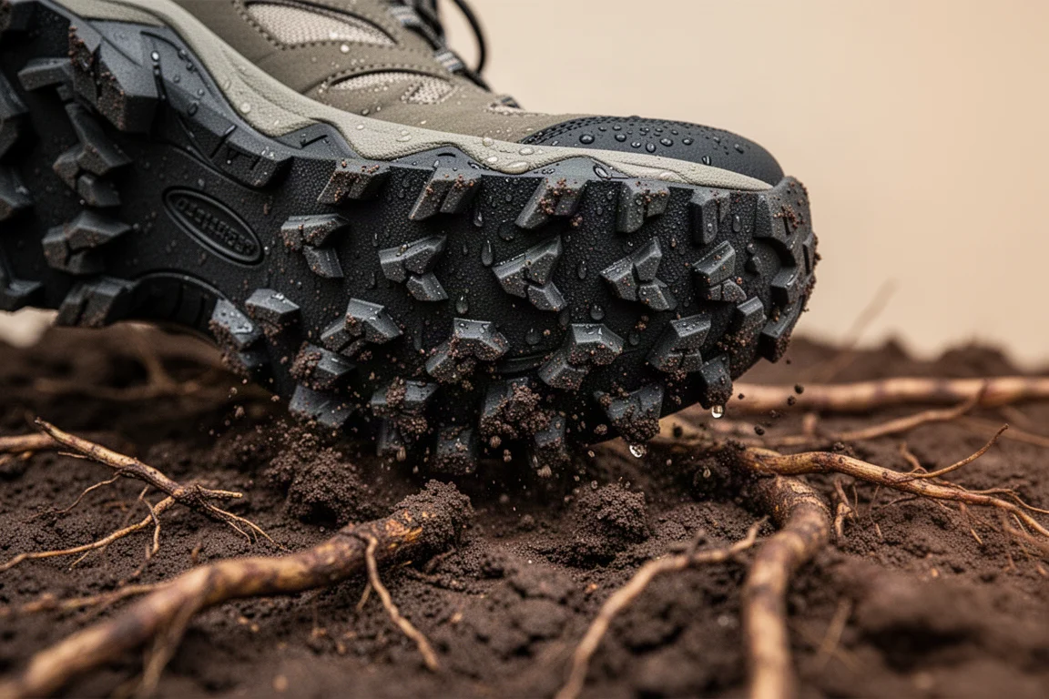 Close-up of a lugged trail shoe outsole gripping muddy, root-covered terrain