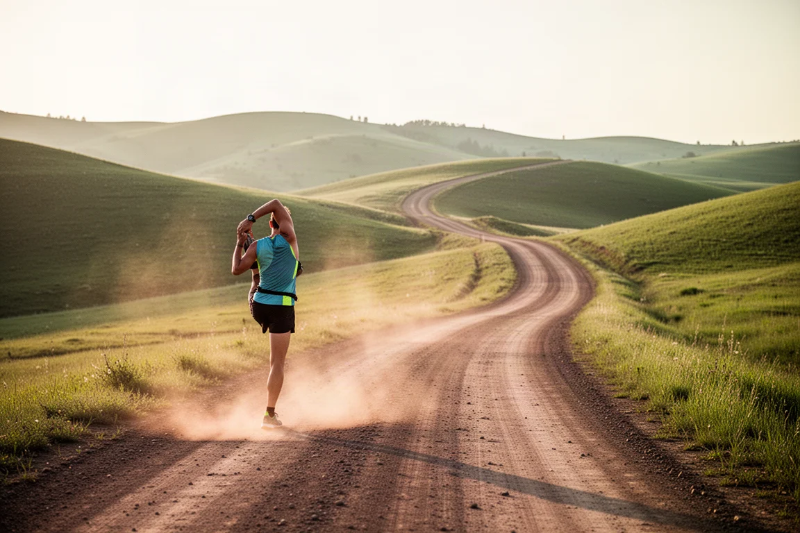 Runner stretching on a quiet dirt trail during a long training run
