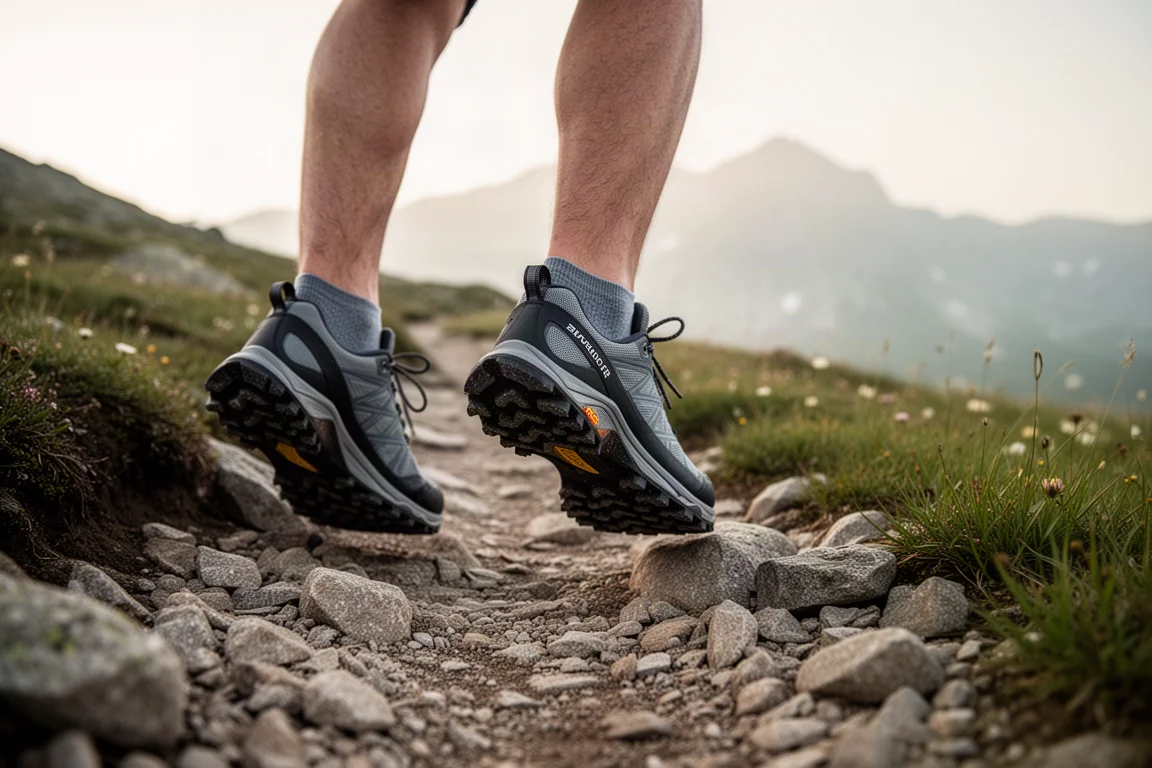 Trail runner's feet climbing a rocky high-country path in soft morning light