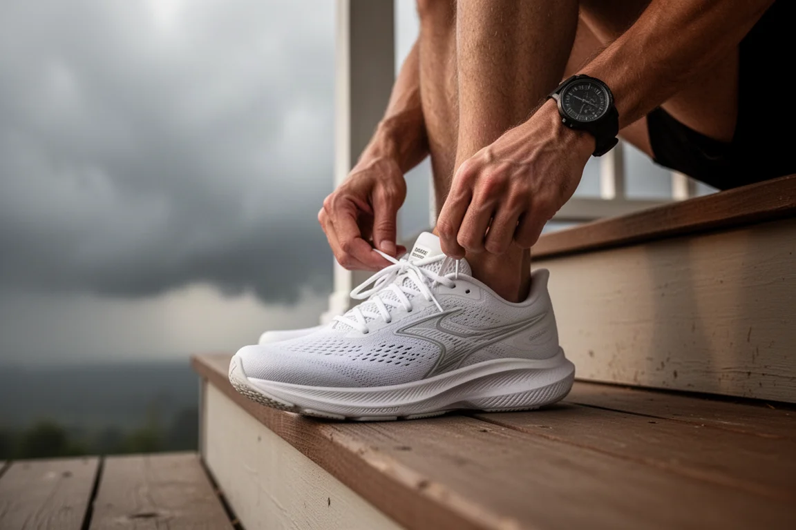 Runner lacing up a white running shoe on a porch before an early morning run