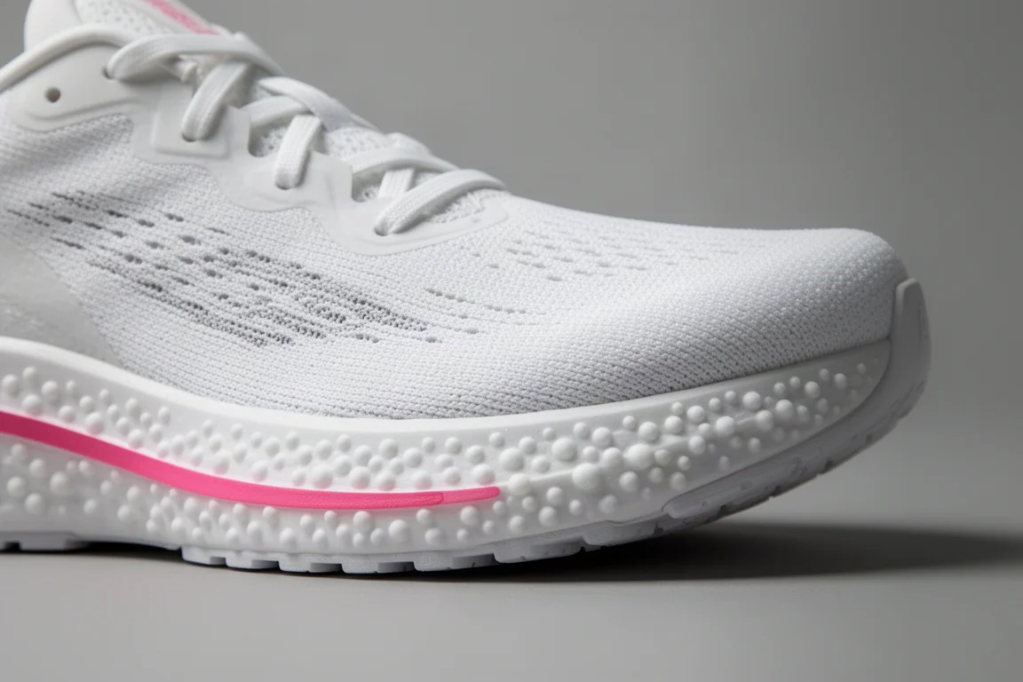 Close-up of a white beaded TPU running shoe midsole showing its textured surface
