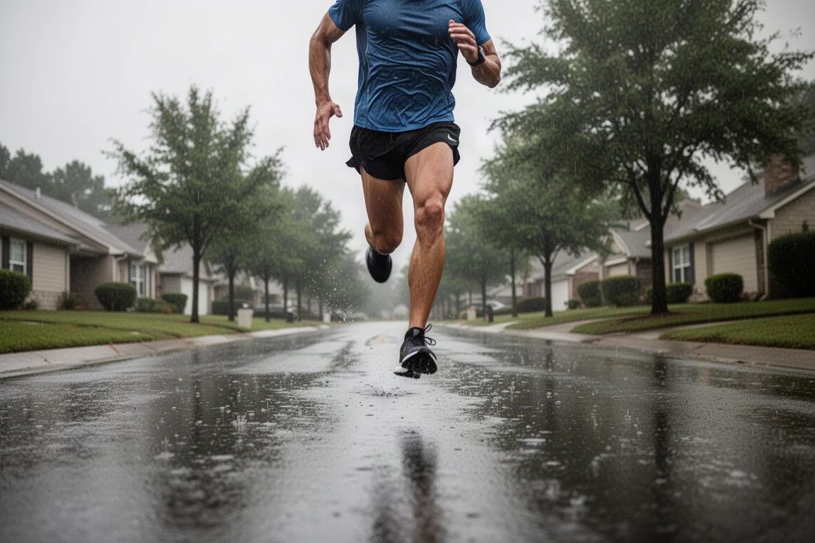 Runner completing hill sprints on a wet suburban road as a storm clears