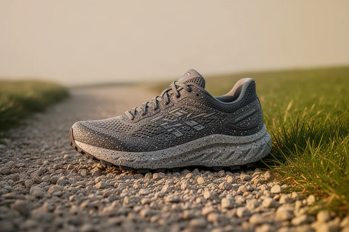 Sturdy trail-style running shoe on gravel path beside grass