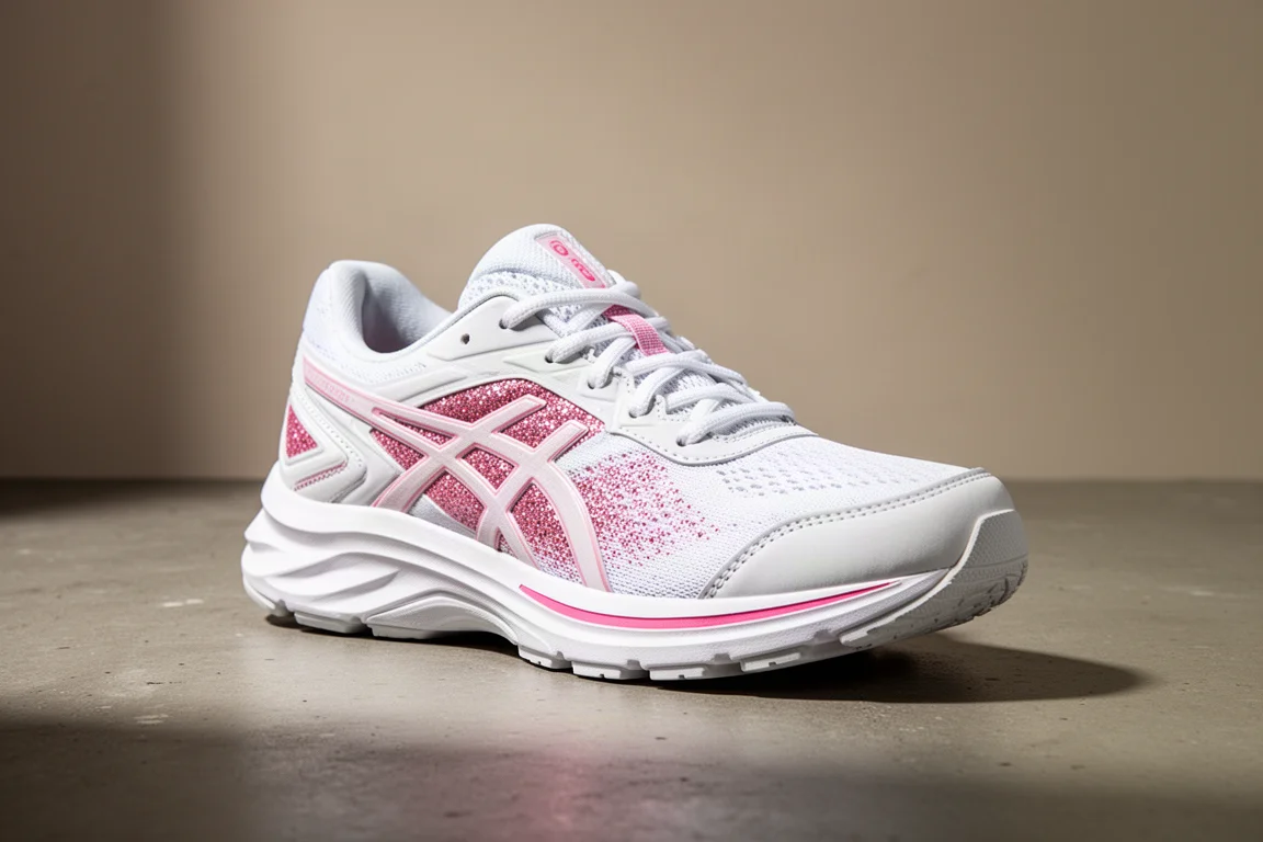 White Salomon-style running shoe with pink accents on a concrete surface