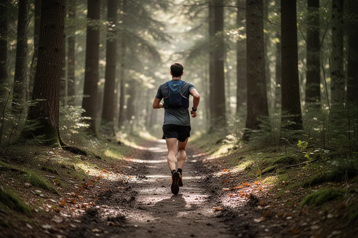 Corredora de trail por un camino forestal con barro compactado y hojas caídas
