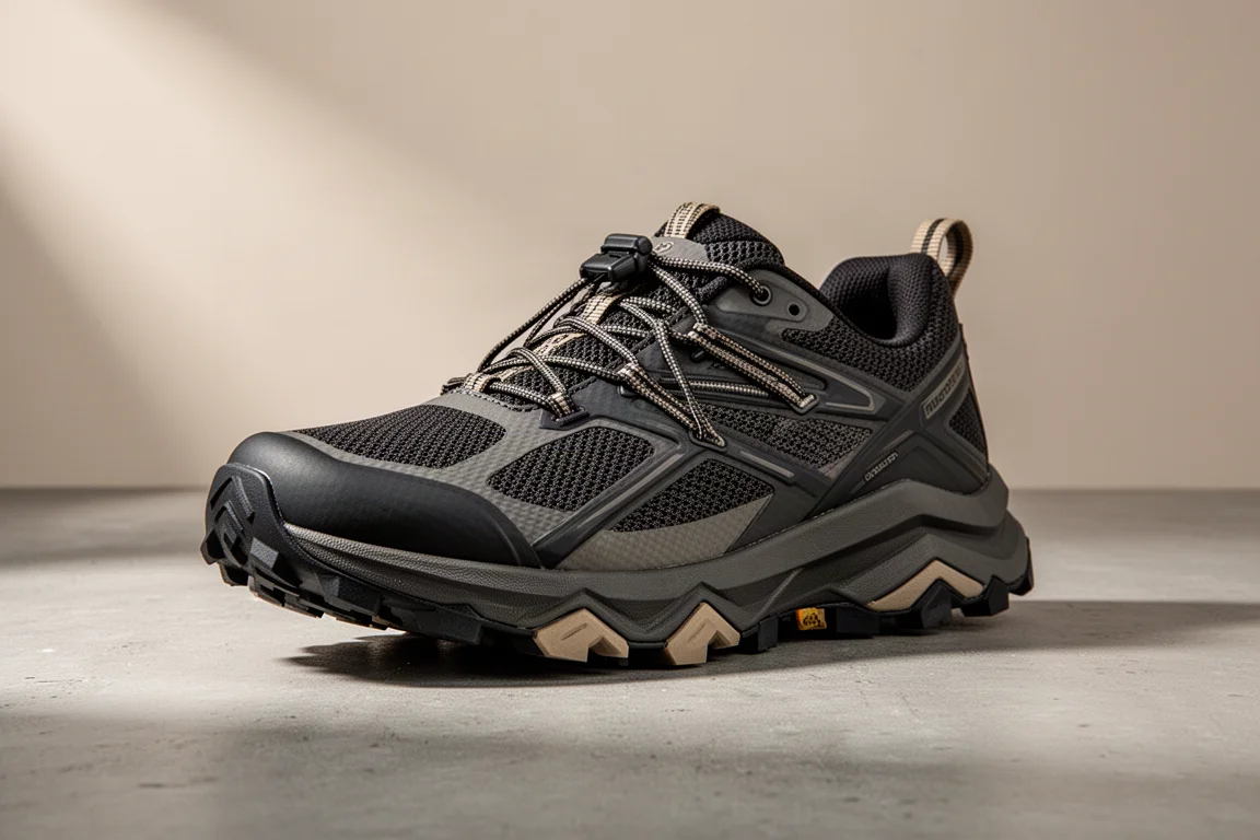 Salomon Aero Glide 4 Gravel running shoe with chevron-lug outsole on concrete surface
