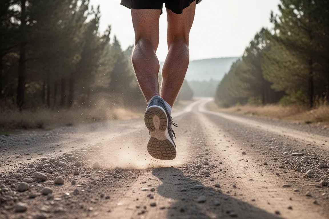 Coureur passant d'une route en gravier vers un départ de sentier au loin