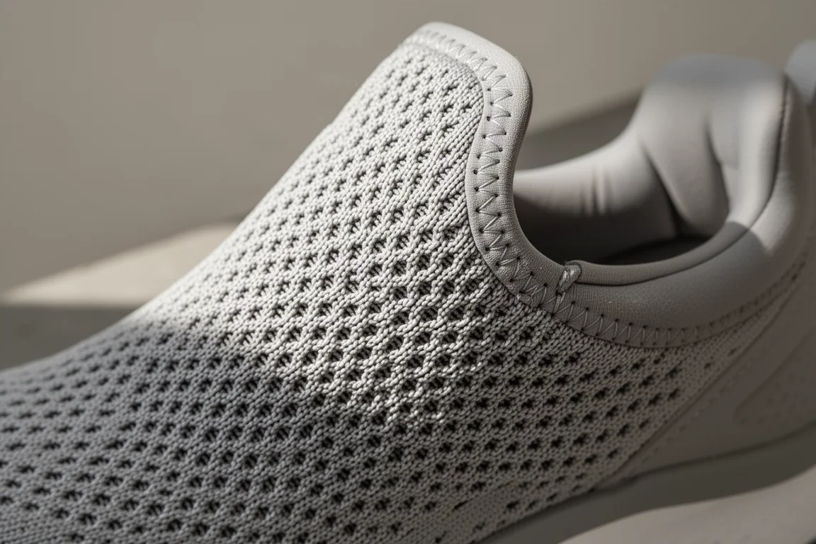 Gros plan sur une tige en mesh technique épais d'une chaussure de running