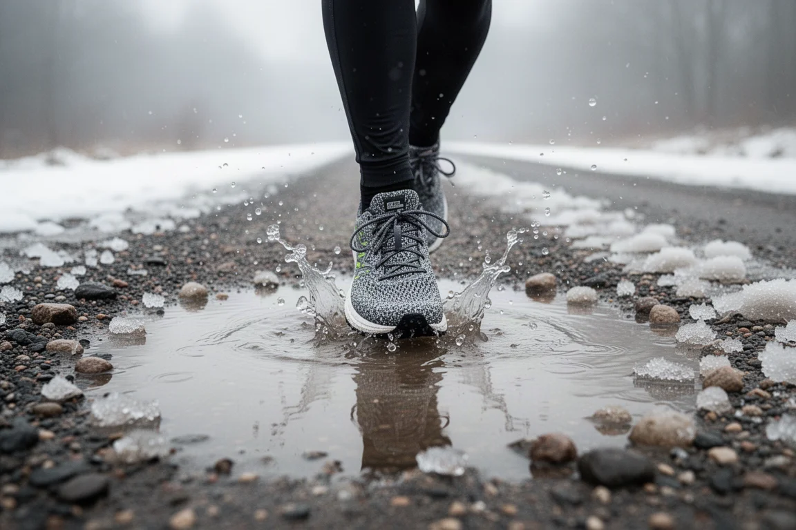 Pied d'un coureur traversant une flaque peu profonde sur une route en gravier