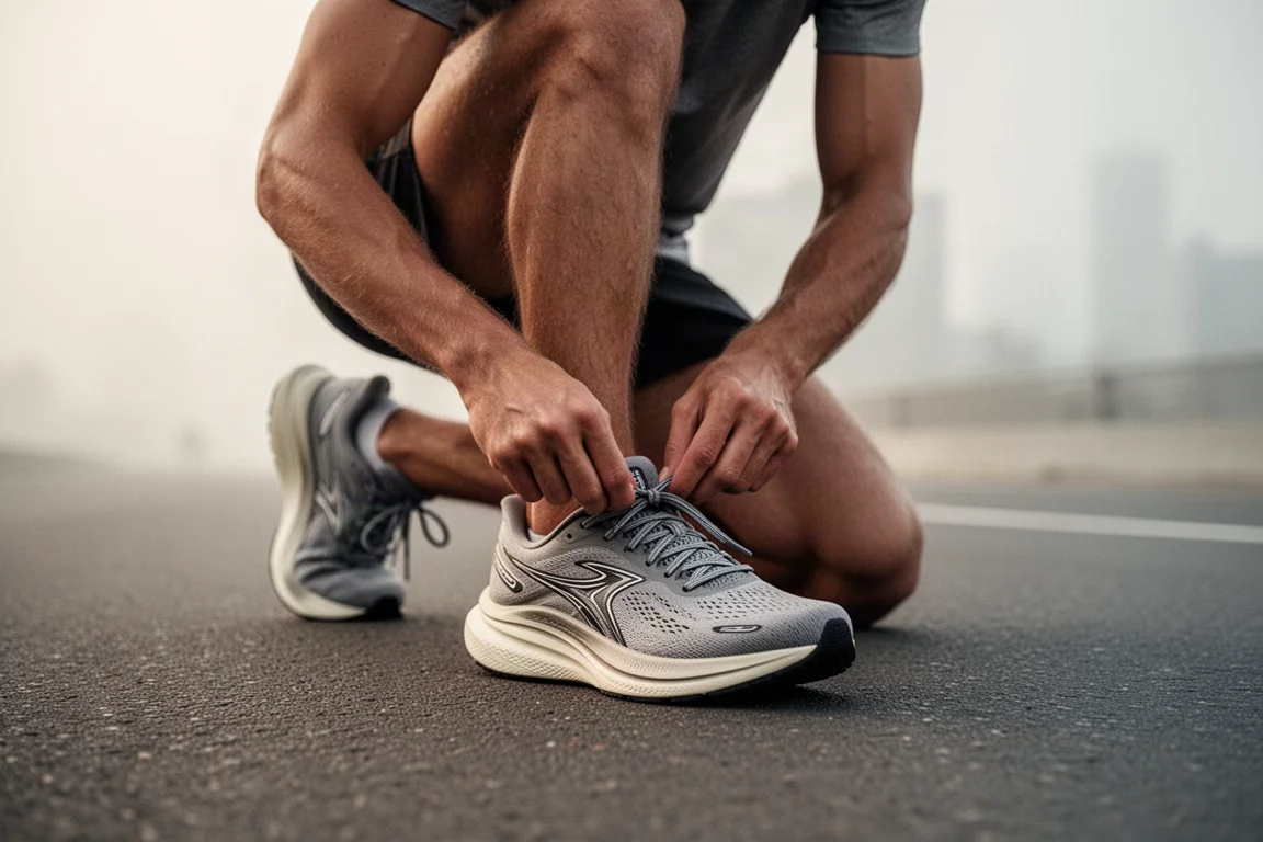 Runner lacing up a cushioned road running shoe on a city pavement