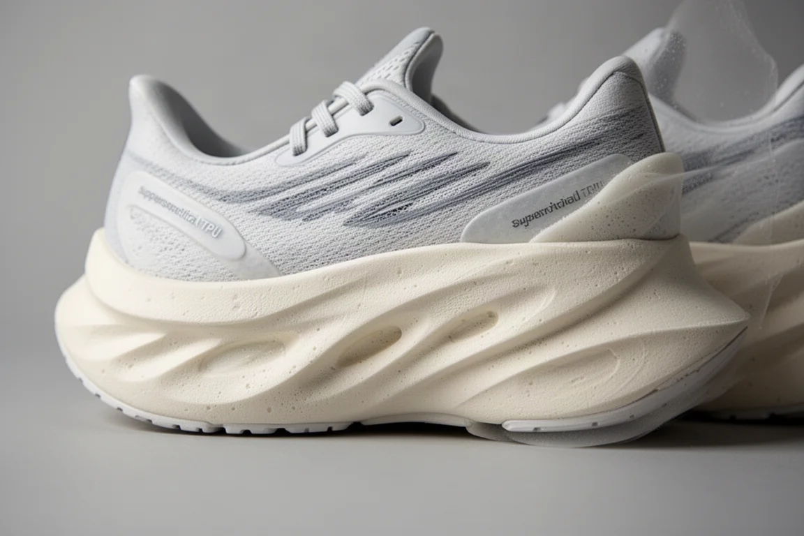 Close-up of a thick sculpted running shoe midsole showing foam sidewalls