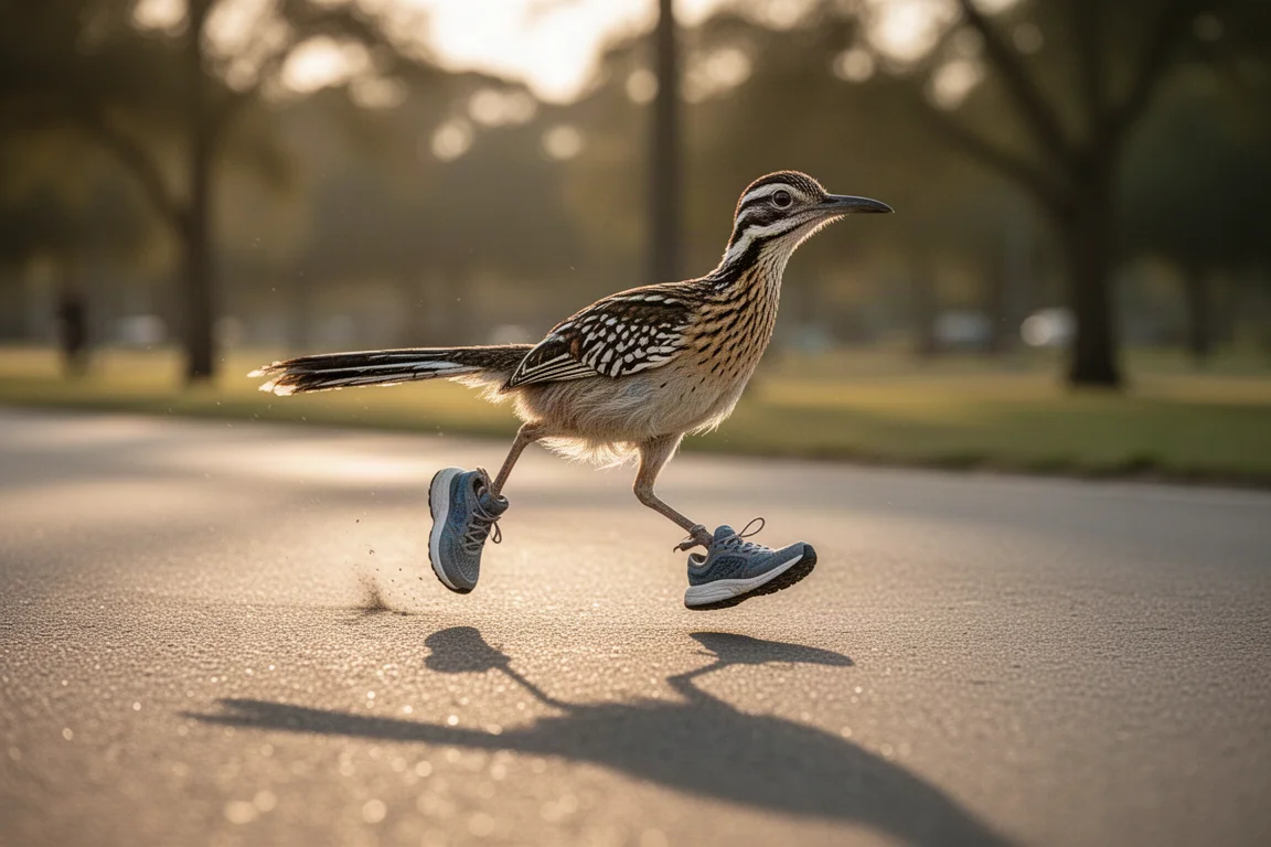 Runner's feet on tarmac during a long easy run in soft evening light