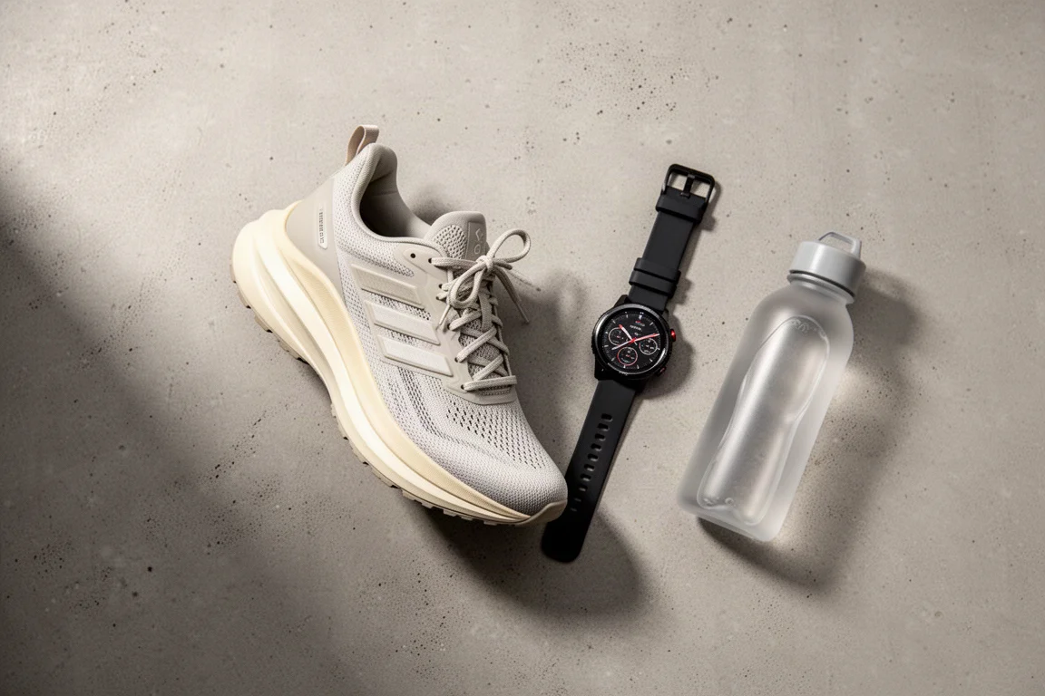 Flat-lay of a road running shoe with running watch and water bottle on concrete