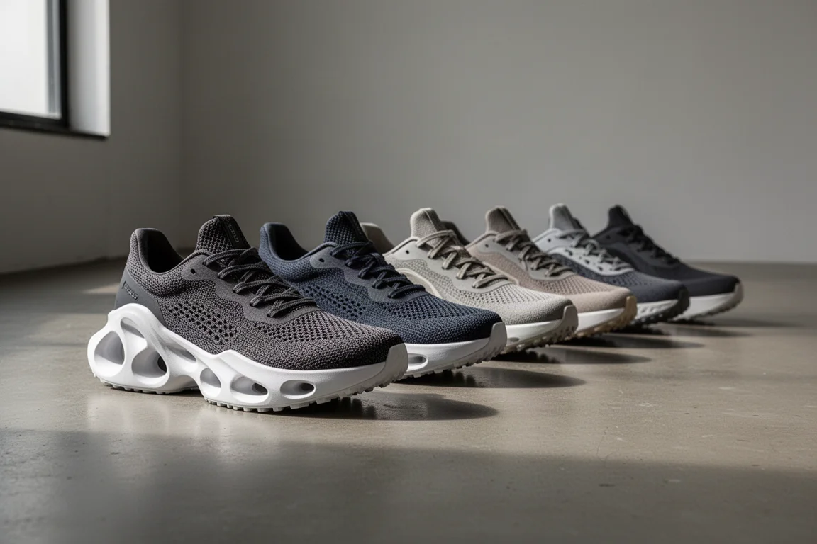 Six running shoes with varied midsoles arranged on a concrete studio floor