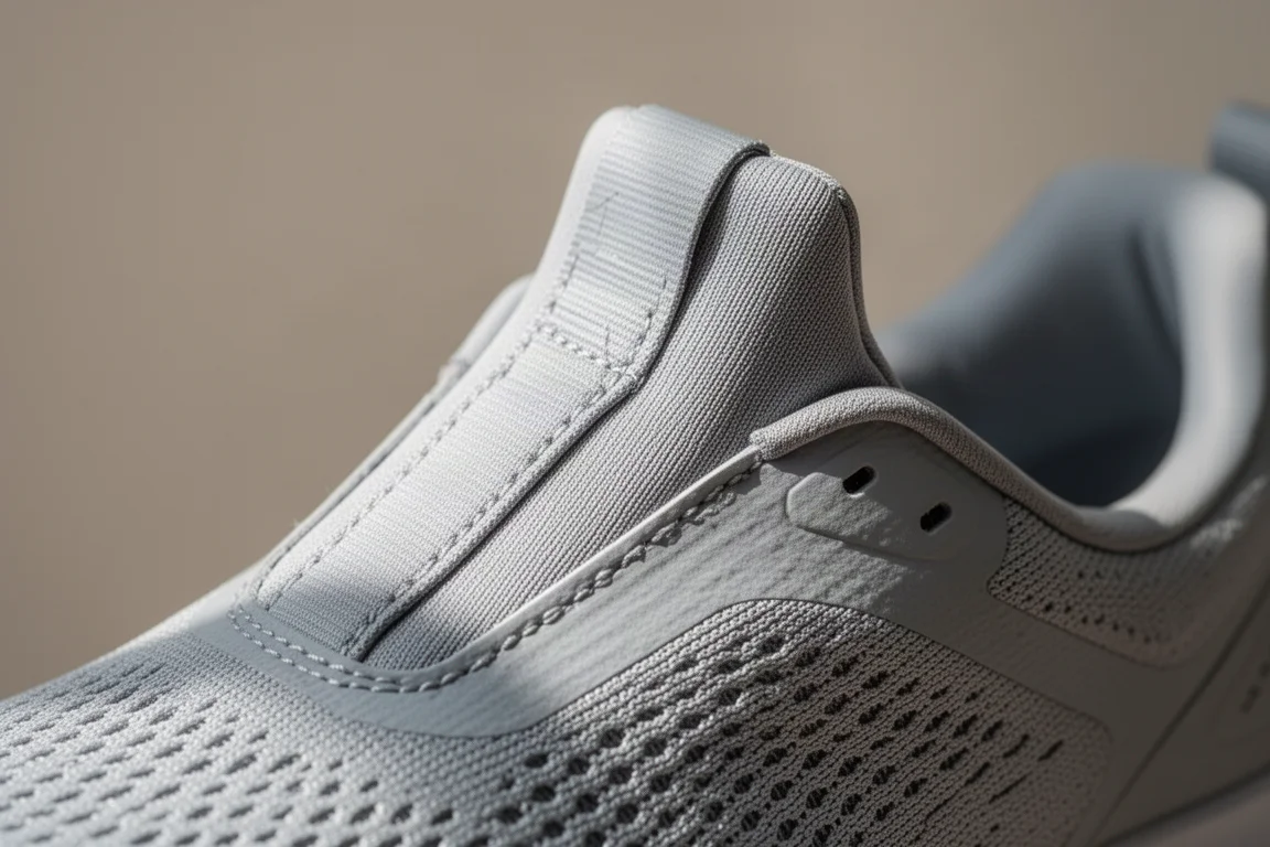 Close-up of a running shoe tongue gusset stitched into the upper