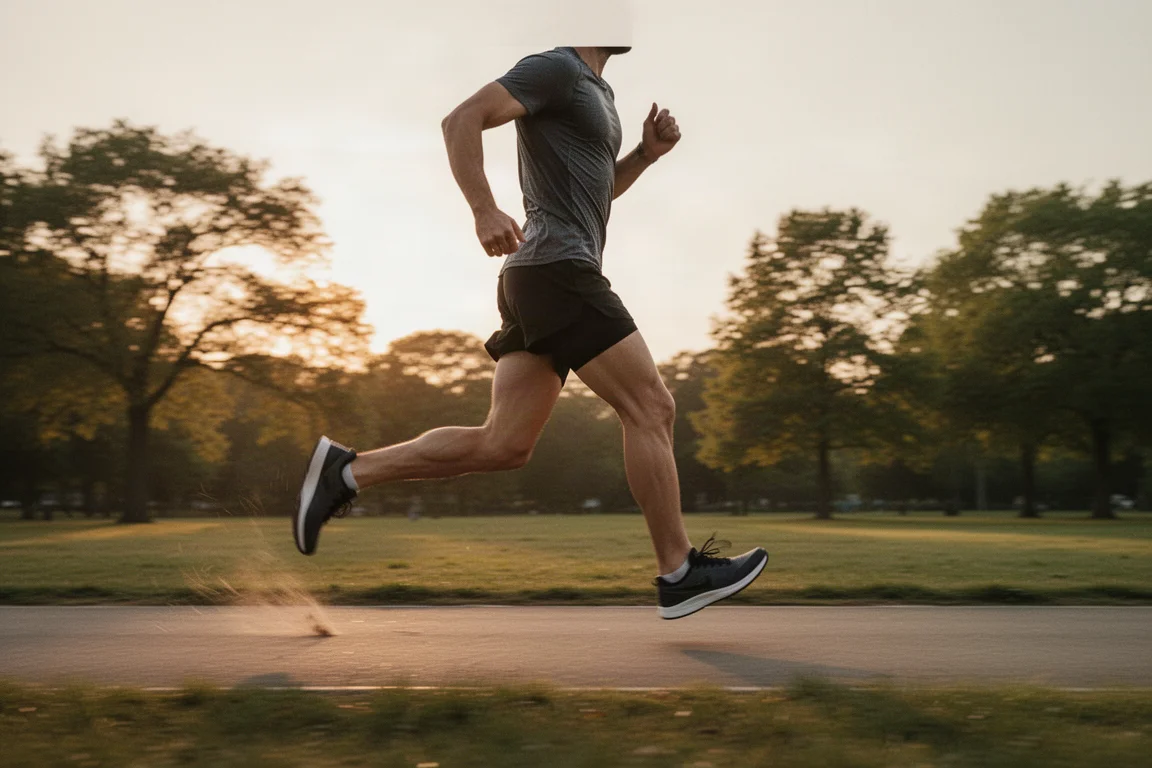 Runner picking up tempo pace on a flat park path at golden hour
