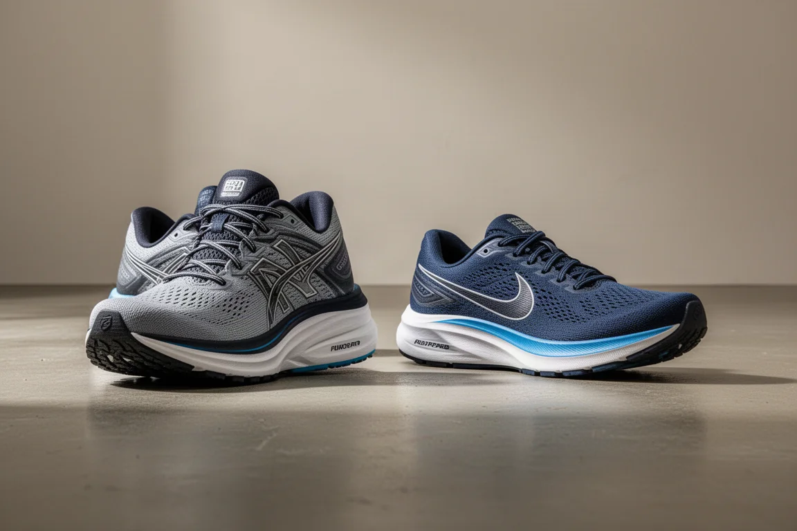 Two road running shoes side by side on a concrete floor showing stack height difference