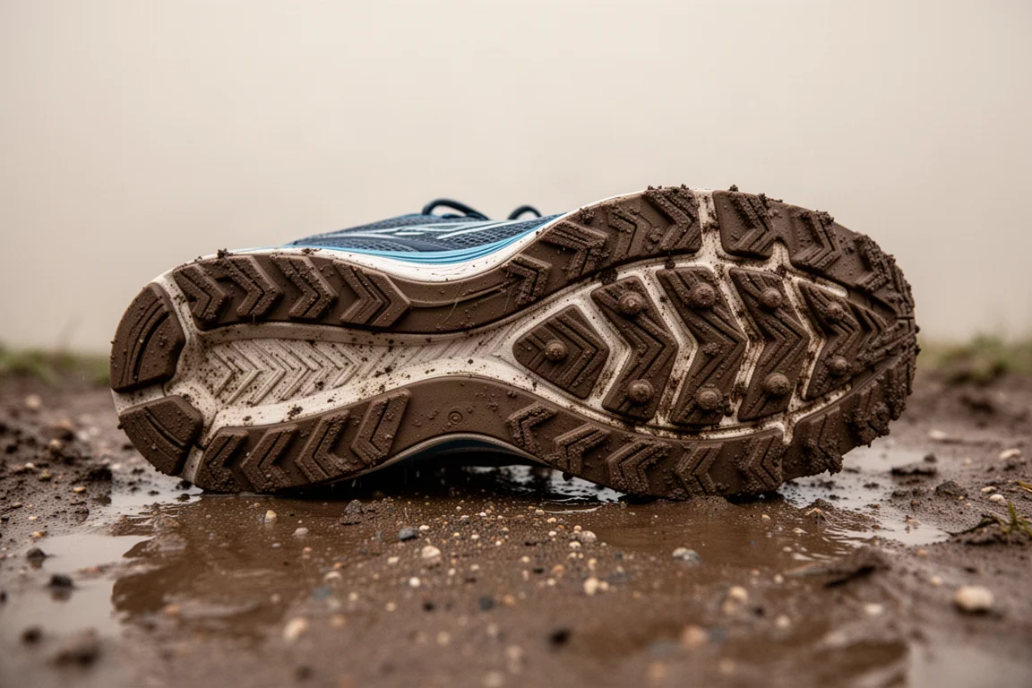 Detailaufnahme des Laufschuh-Obermaterials mit feinem Mesh und normalen Schnürsenkeln