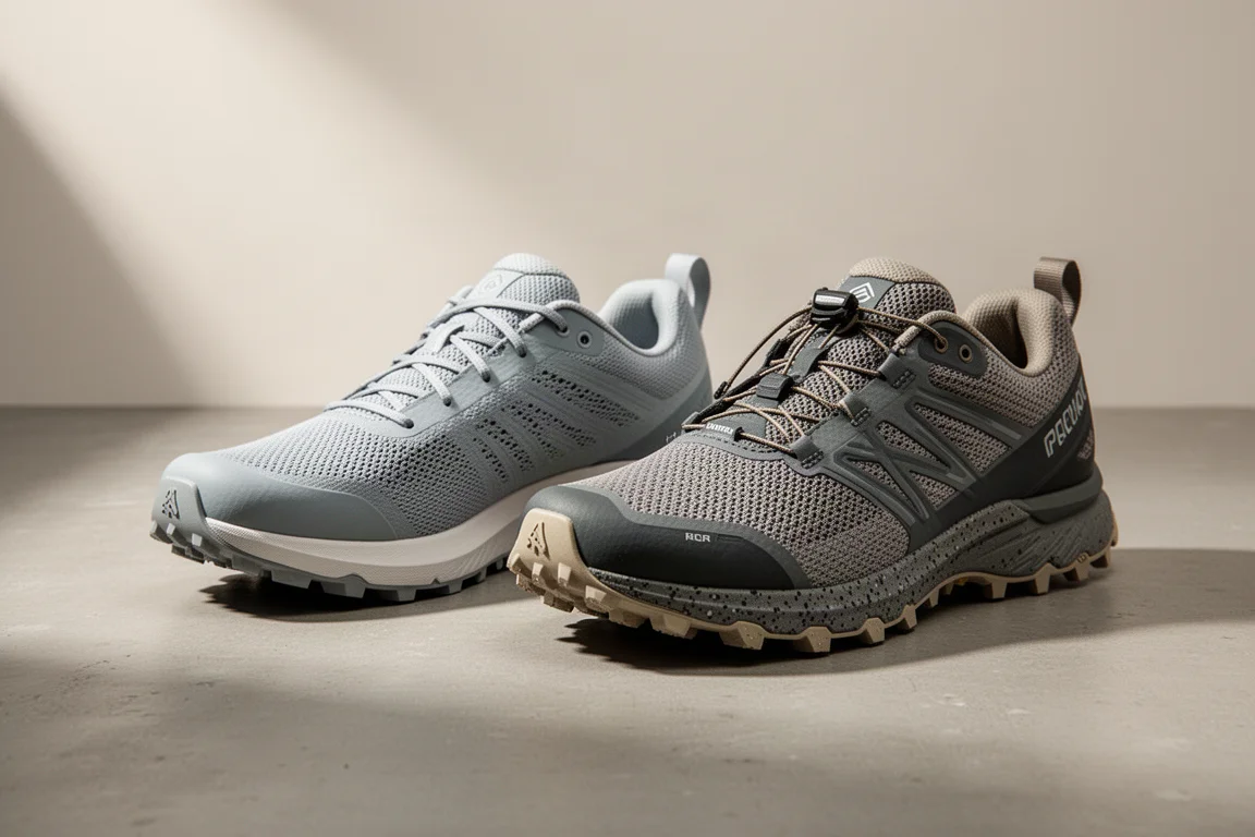 Salomon Aero Glide 4 road shoe and its gravel version side by side on concrete