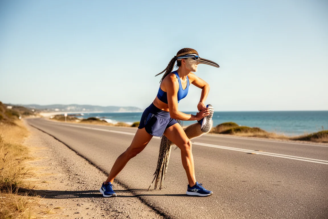 Coureur sur route s'étirant sur un sentier côtier sous un soleil éclatant avant une sortie