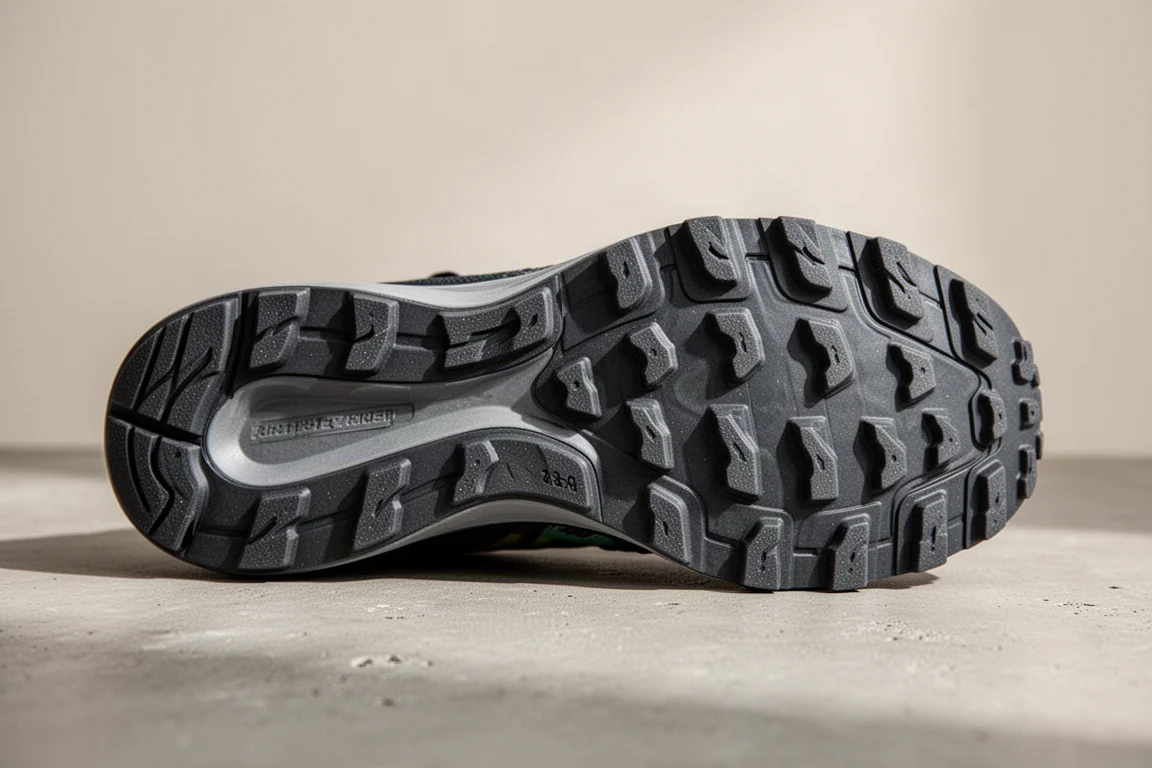 Gros plan sur les crampons larges et plats d'une semelle extérieure de chaussure de running