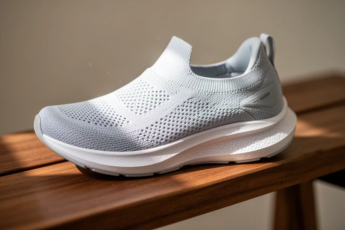 Pies de un corredor con zapatillas de running amortiguadas sobre asfalto urbano liso