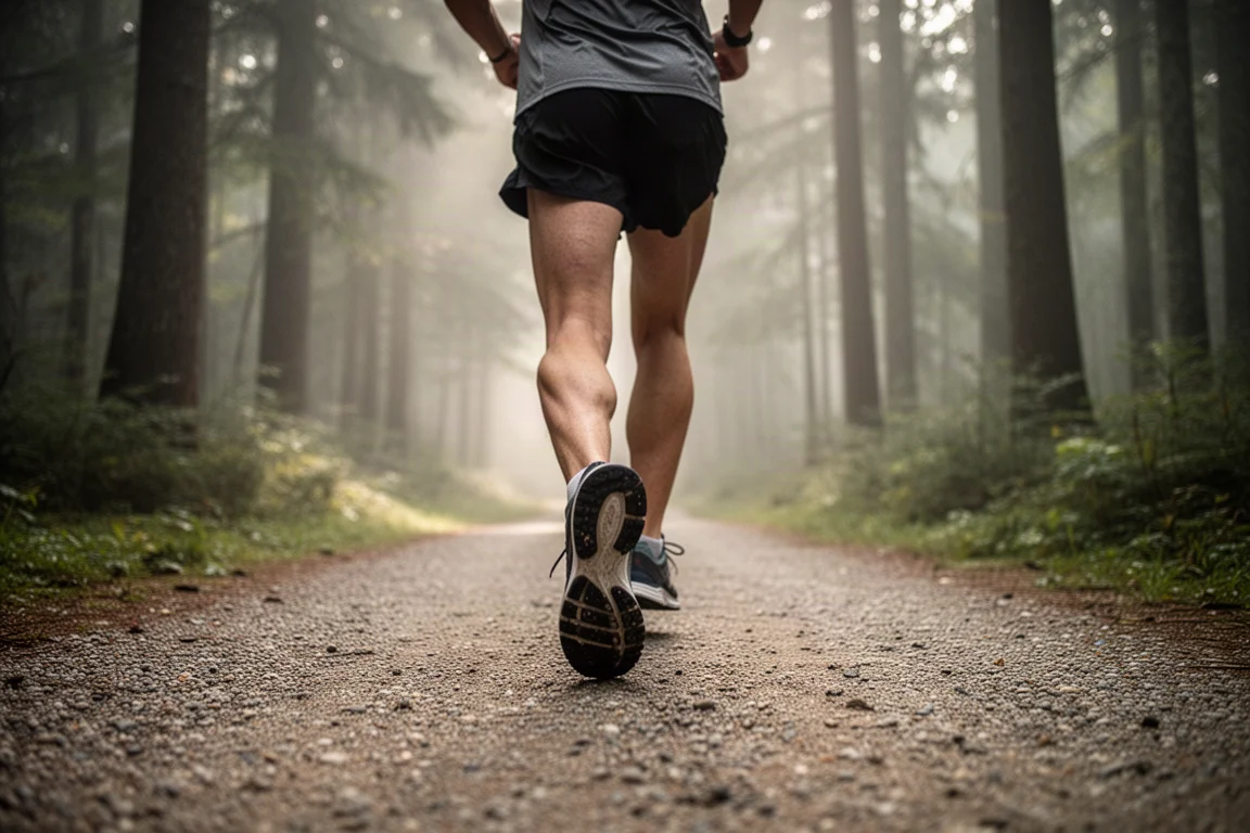Coureur sur un chemin de gravier en forêt calme sous une lumière matinale douce