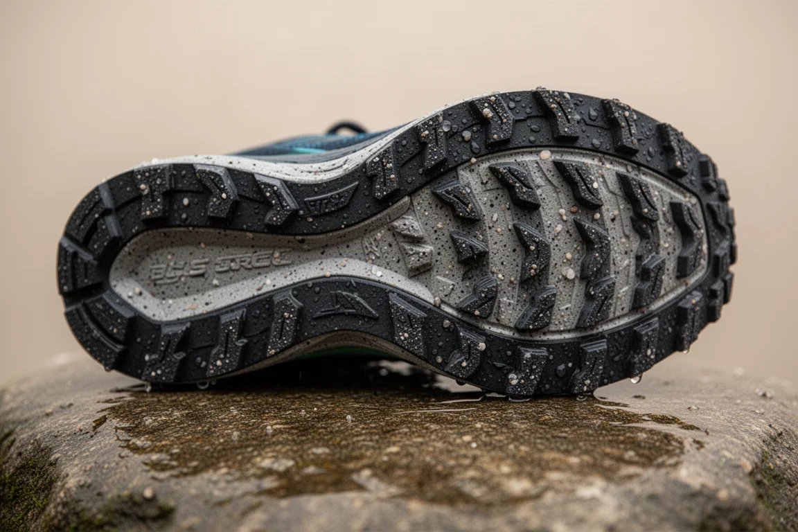 Gros plan sur la semelle extérieure d'une chaussure de trail montrant des crampons en caoutchouc profonds