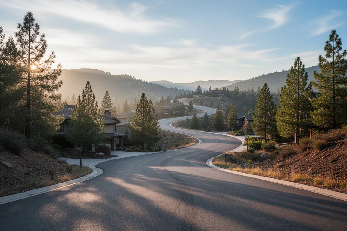 Route vallonnée sinueuse traversant un quartier de montagne au lever du soleil