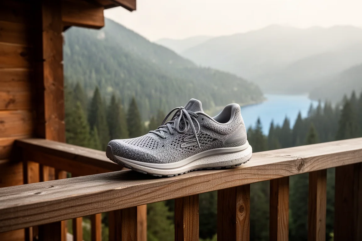 Chaussure de running posée sur la véranda d'un chalet surplombant des collines boisées
