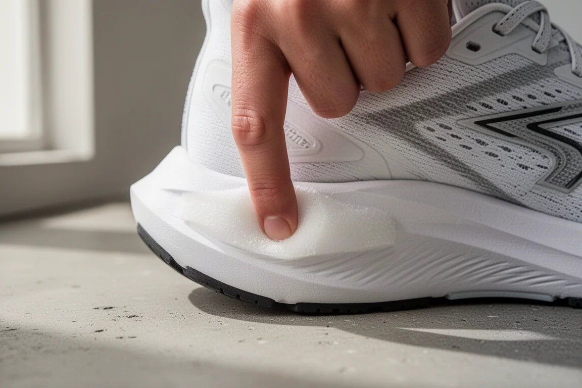 Ręka wciskająca piankę midsole buta do biegania, aby sprawdzić miękkość