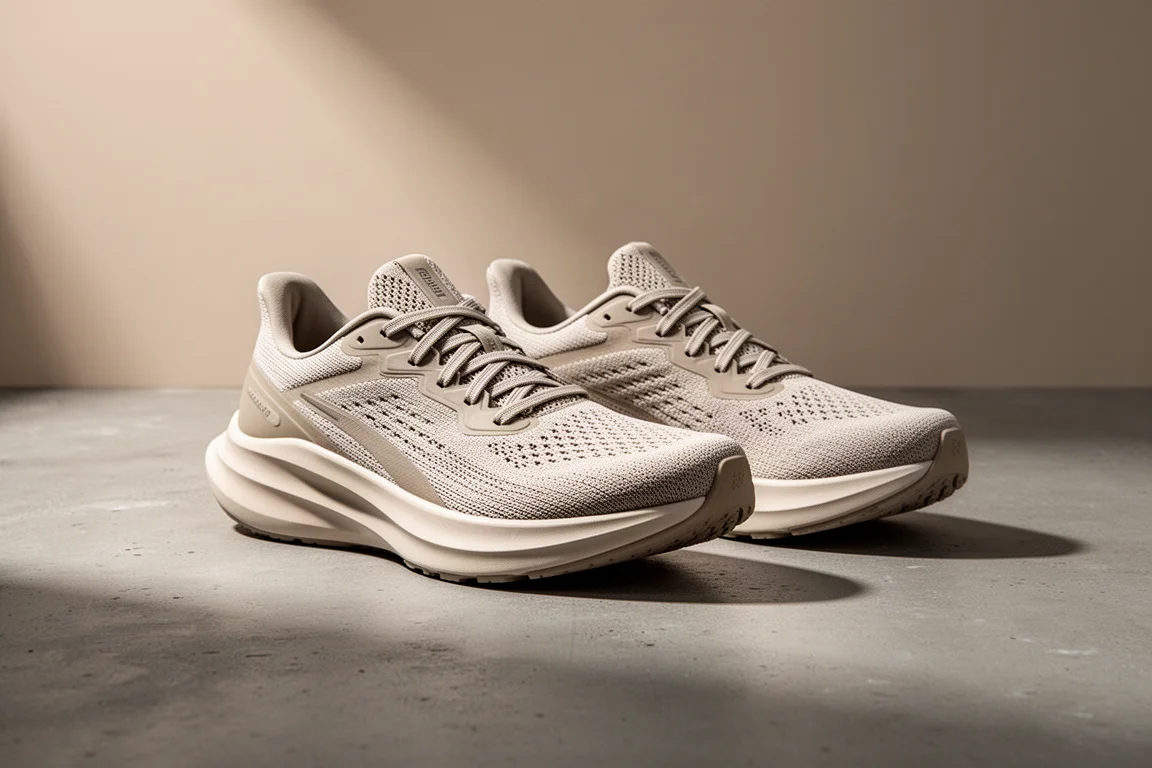 Pair of neutral road running shoes with thick midsole foam on concrete