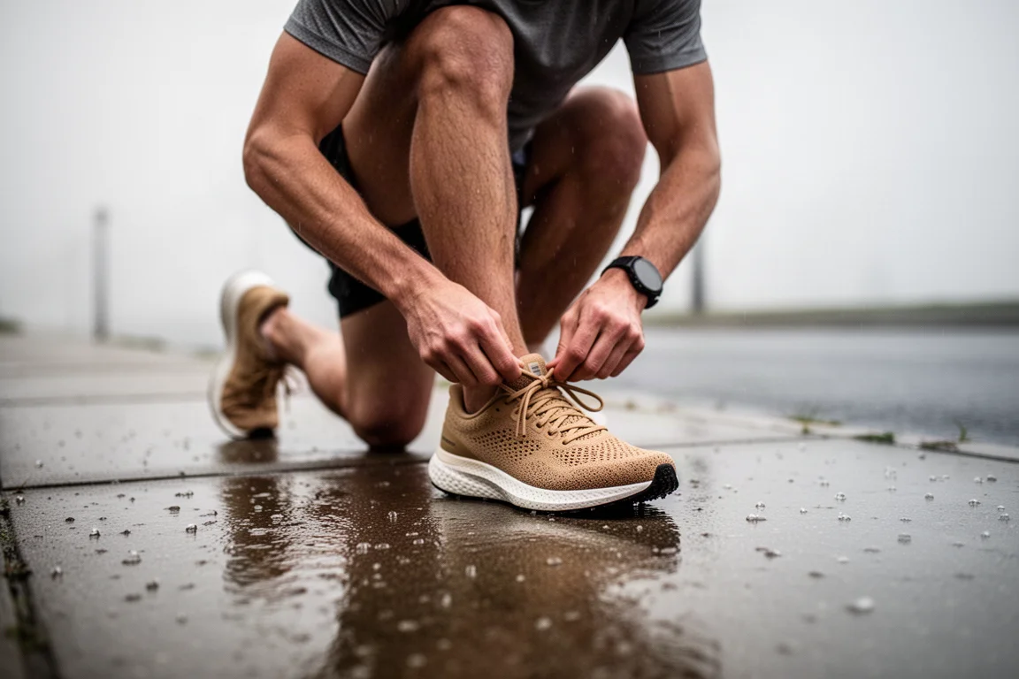 Un coureur lace une chaussure de running gravel sur un trottoir sous la pluie