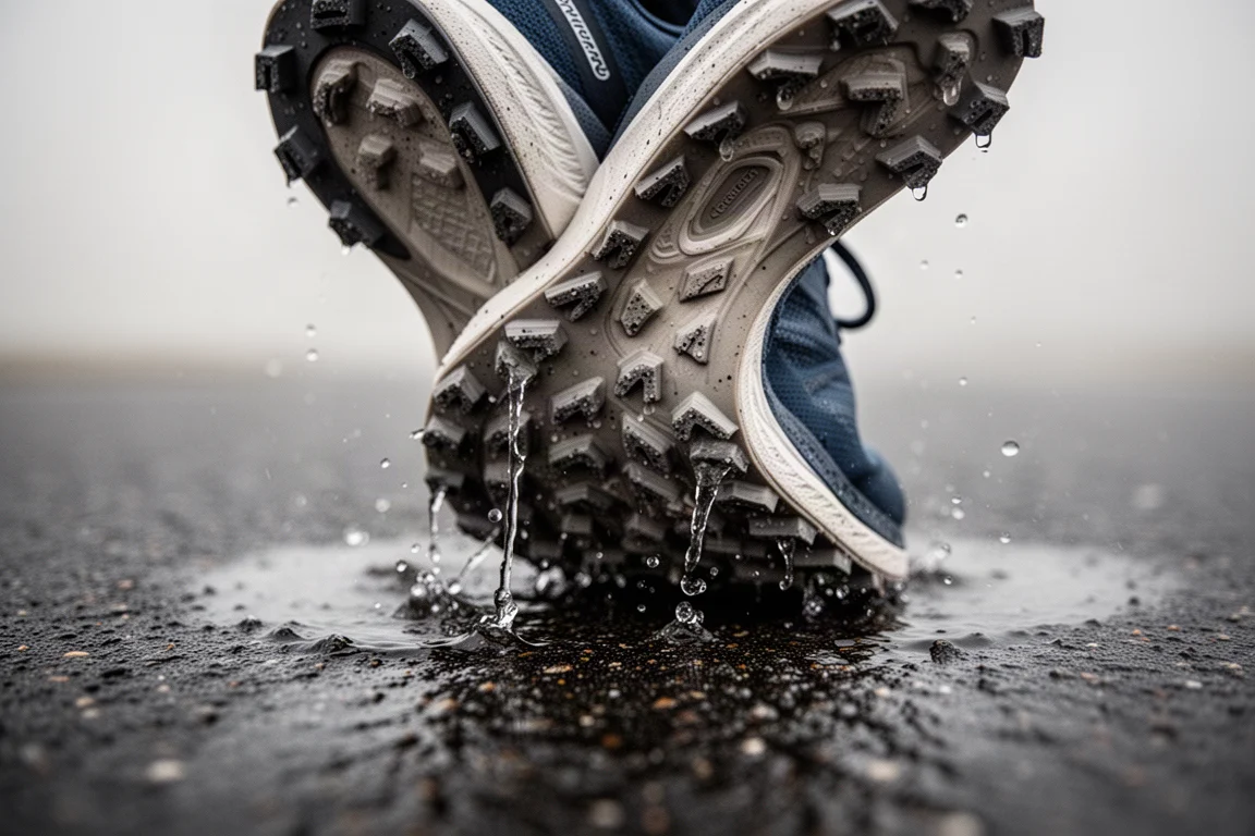 Gros plan sur une semelle extérieure à crampons épais qui accroche le bitume mouillé