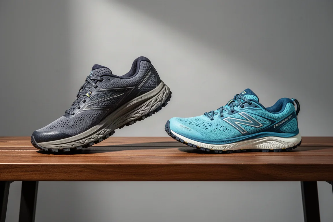 Deux chaussures de running côte à côte sur un banc dans un garage